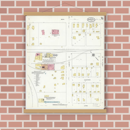 Old map wall art mockup — magnetic wood frame on brick wall — Sanborn Fire Insurance Map from Marshall, Lyon County, Minnesota (1909), Sheet #0006