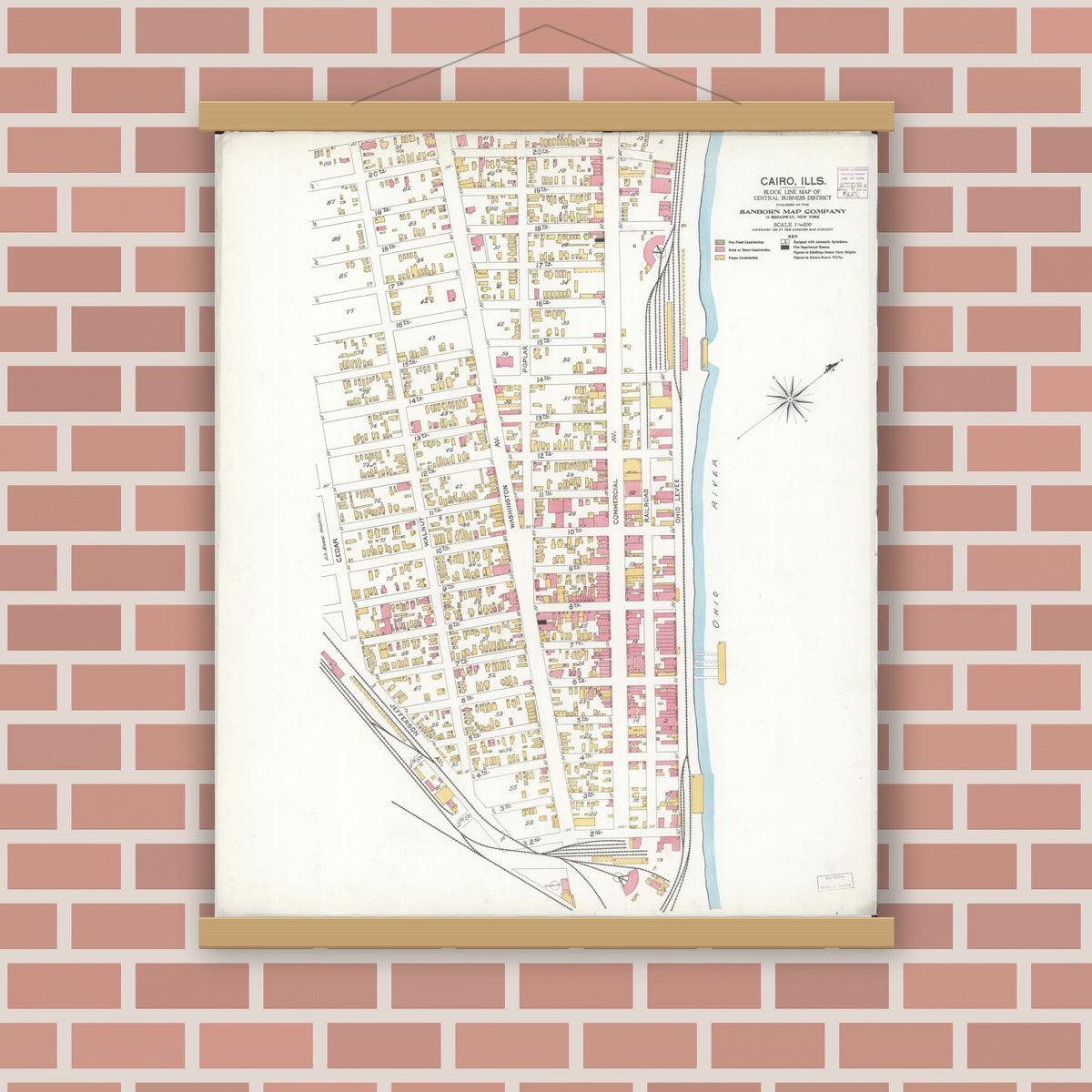 Old map wall art mockup — magnetic wood frame on brick wall — Sanborn Fire Insurance Map from Cairo, Alexander County, Illinois (1906), Sheet #0001