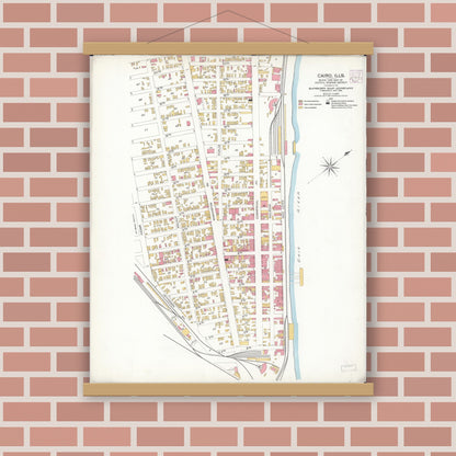Old map wall art mockup — magnetic wood frame on brick wall — Sanborn Fire Insurance Map from Cairo, Alexander County, Illinois (1906), Sheet #0001
