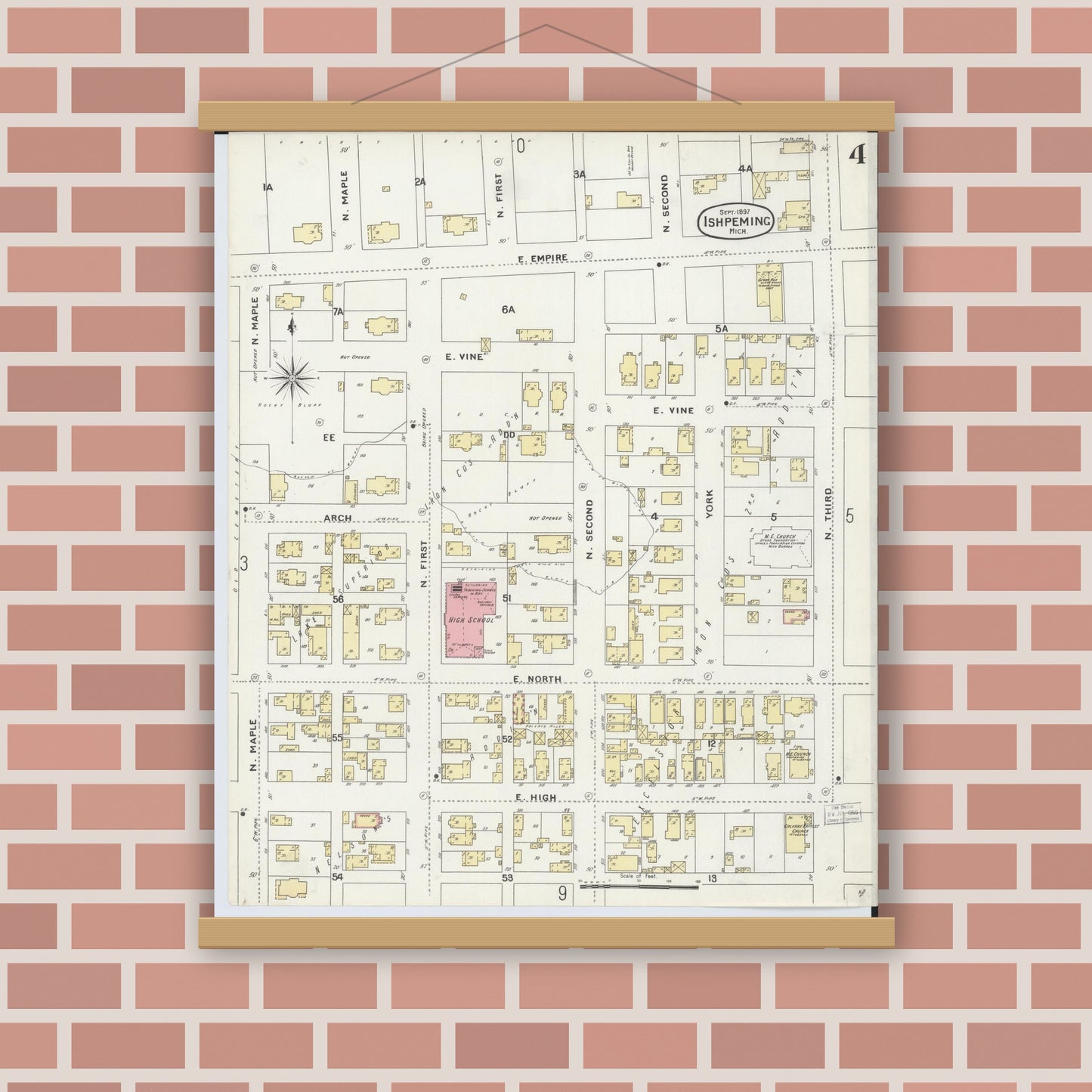 Old map wall art mockup — magnetic wood frame on brick wall — Sanborn Fire Insurance Map from Ishpeming, Marquette County, Michigan (1897), Sheet #0004