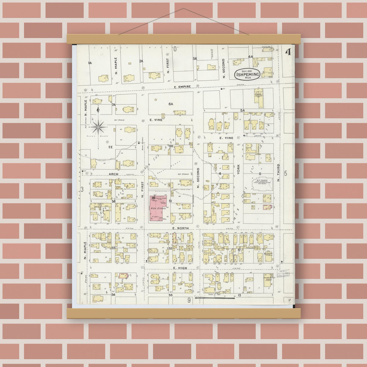 Old map wall art mockup — magnetic wood frame on brick wall — Sanborn Fire Insurance Map from Ishpeming, Marquette County, Michigan (1897), Sheet #0004