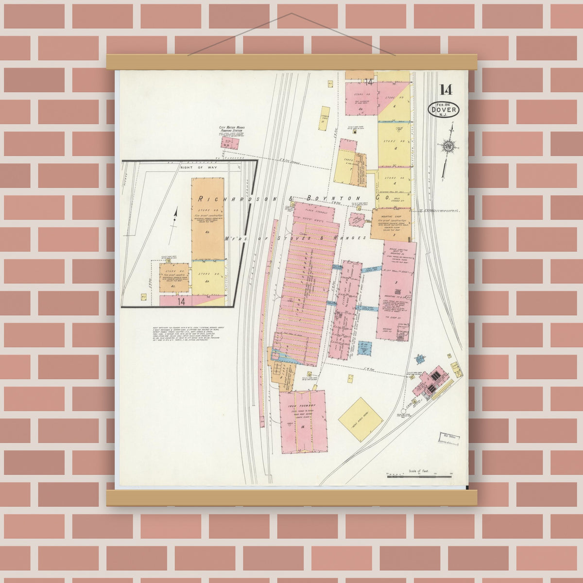 Old map wall art mockup — magnetic wood frame on brick wall — Sanborn Fire Insurance Map from Dover, Morris County, New Jersey (1916), Sheet #0014
