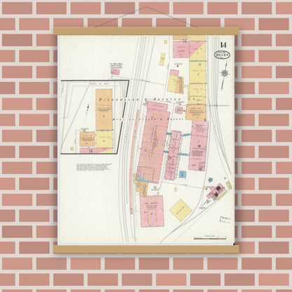 Old map wall art mockup — magnetic wood frame on brick wall — Sanborn Fire Insurance Map from Dover, Morris County, New Jersey (1916), Sheet #0014