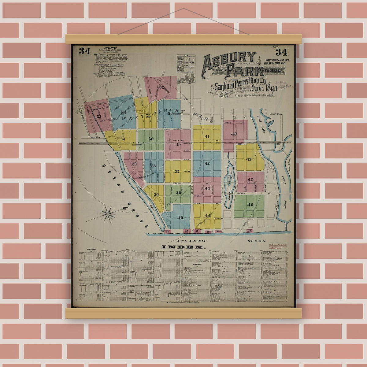 Old map wall art mockup — magnetic wood frame on brick wall — Sanborn Fire Insurance Map from New Jersey Coast, New Jersey Coast, New Jersey (1890), Sheet #0034