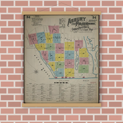 Old map wall art mockup — magnetic wood frame on brick wall — Sanborn Fire Insurance Map from New Jersey Coast, New Jersey Coast, New Jersey (1890), Sheet #0034