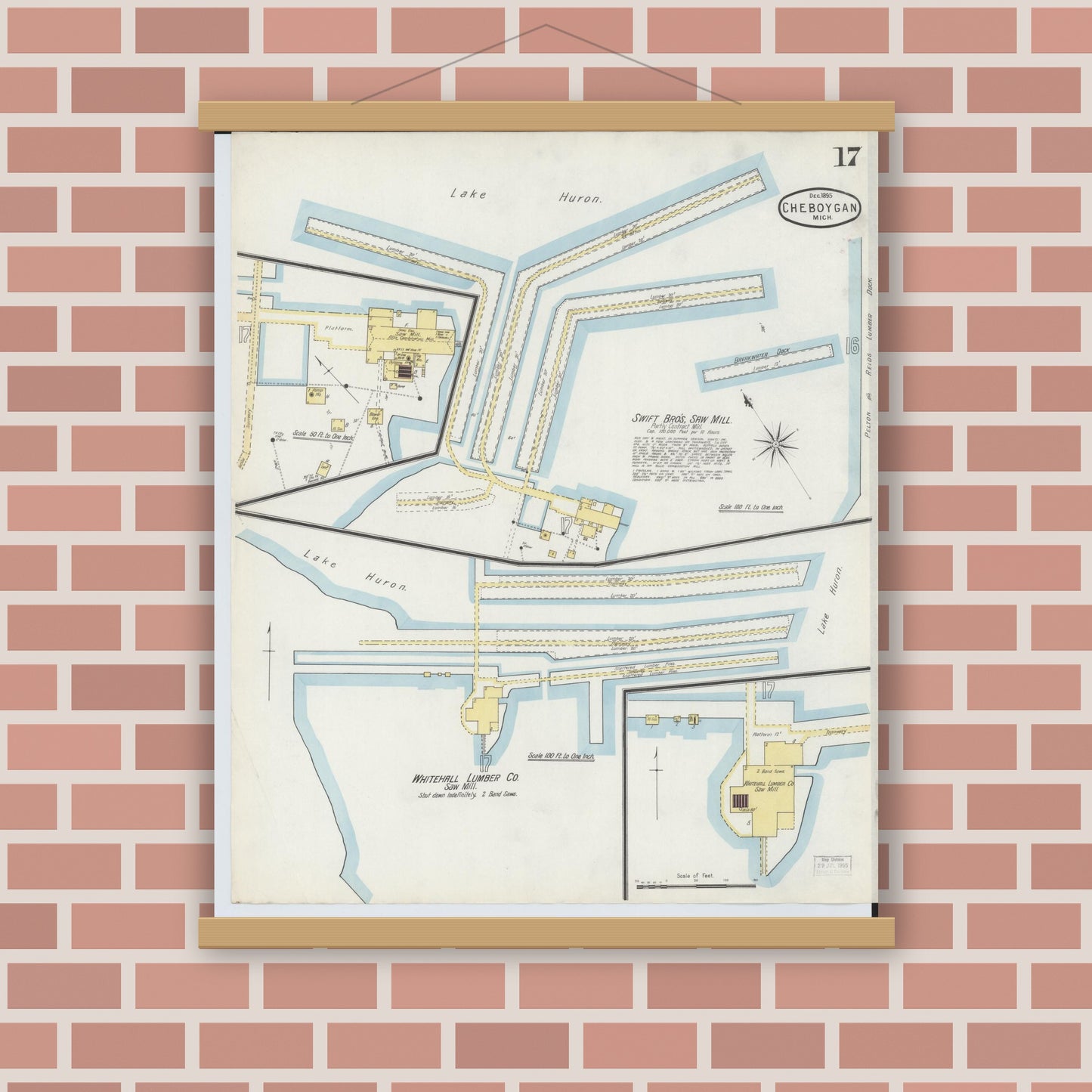 Old map wall art mockup — magnetic wood frame on brick wall — Sanborn Fire Insurance Map from Cheboygan, Cheboygan County, Michigan (1895), Sheet #0017
