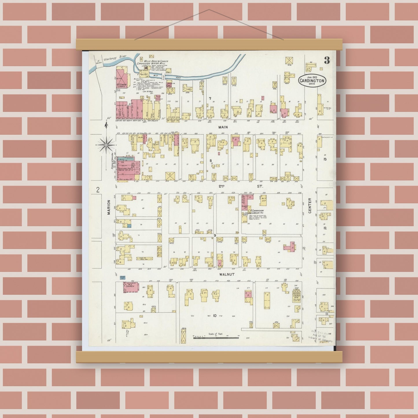 Old map wall art mockup — magnetic wood frame on brick wall — Sanborn Fire Insurance Map from Cardington, Morrow County, Ohio (1903), Sheet #0003