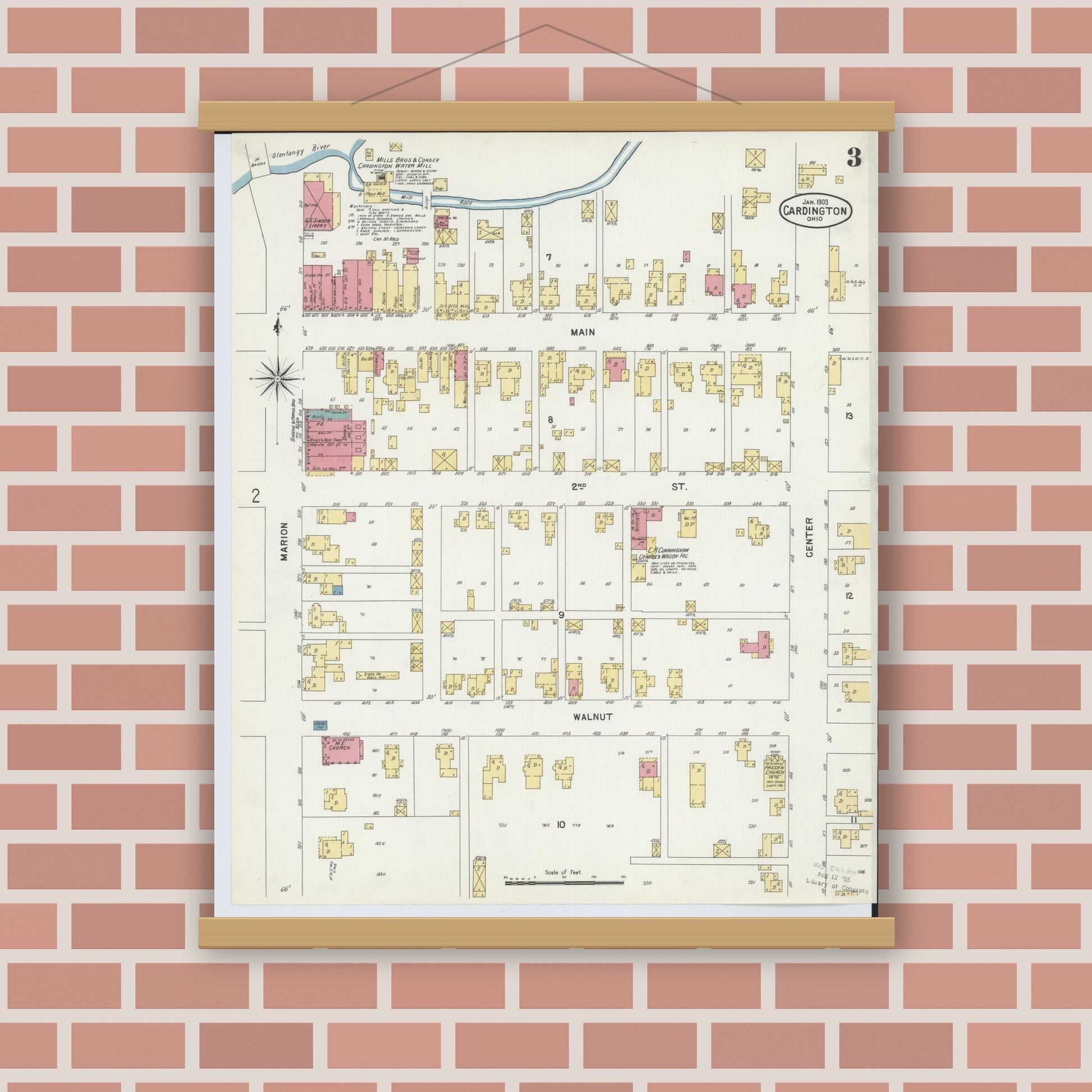 Old map wall art mockup — magnetic wood frame on brick wall — Sanborn Fire Insurance Map from Cardington, Morrow County, Ohio (1903), Sheet #0003