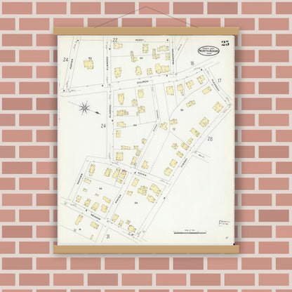Old map wall art mockup — magnetic wood frame on brick wall — Sanborn Fire Insurance Map from North Adams, Berkshire County, Massachusetts (1908), Sheet #0025