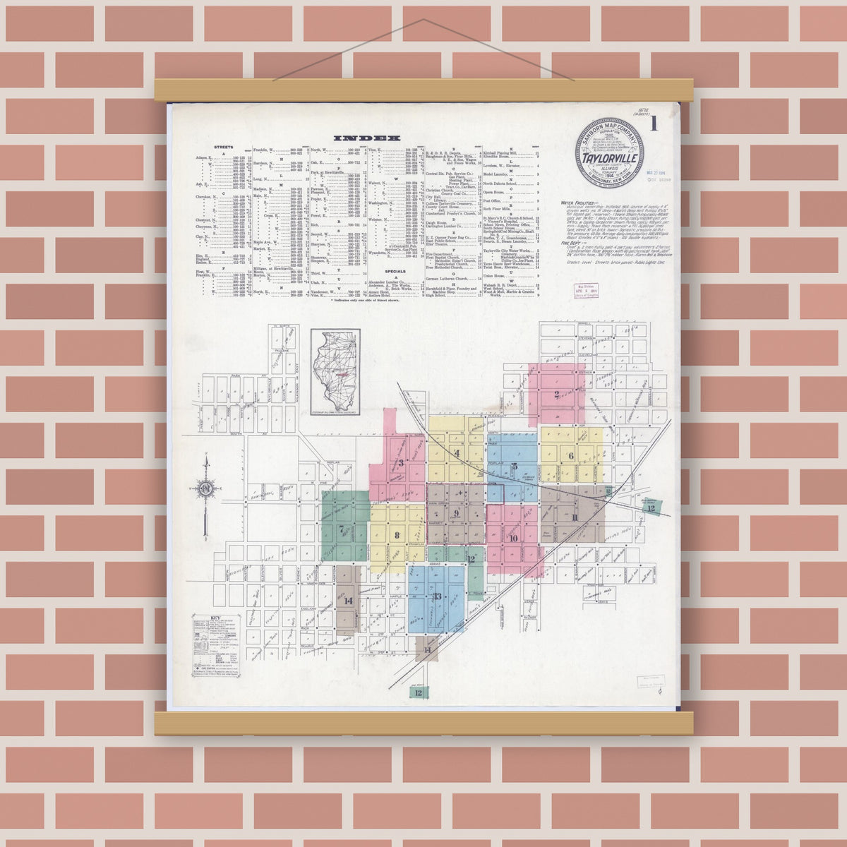 Old map wall art mockup — magnetic wood frame on brick wall — Sanborn Fire Insurance Map from Taylorville, Christian County, Illinois (1914) - Complete Map Set