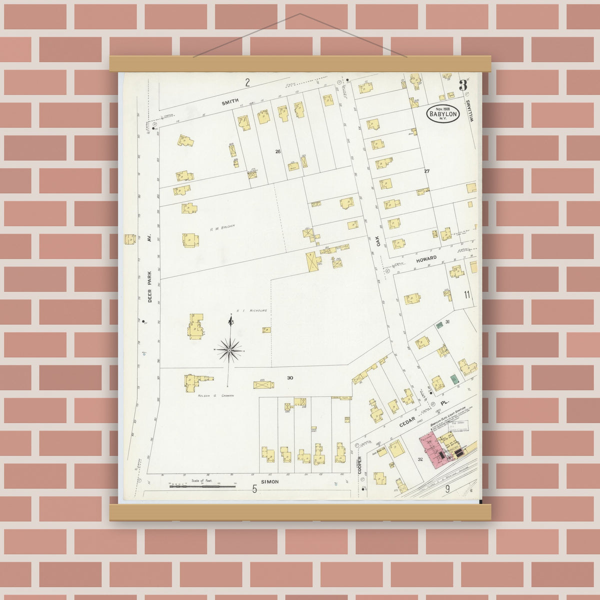 Old map wall art mockup — magnetic wood frame on brick wall — Sanborn Fire Insurance Map from Babylon, Suffolk County, New York (1908), Sheet #0003