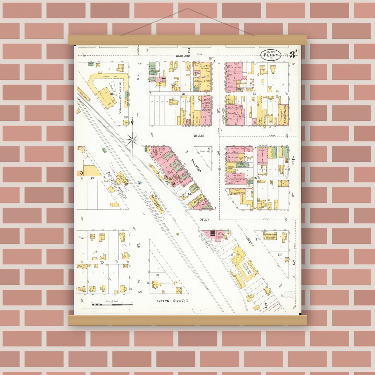 Old map wall art mockup — magnetic wood frame on brick wall — Sanborn Fire Insurance Map from Perry, Dallas County, Iowa (1900), Sheet #0003