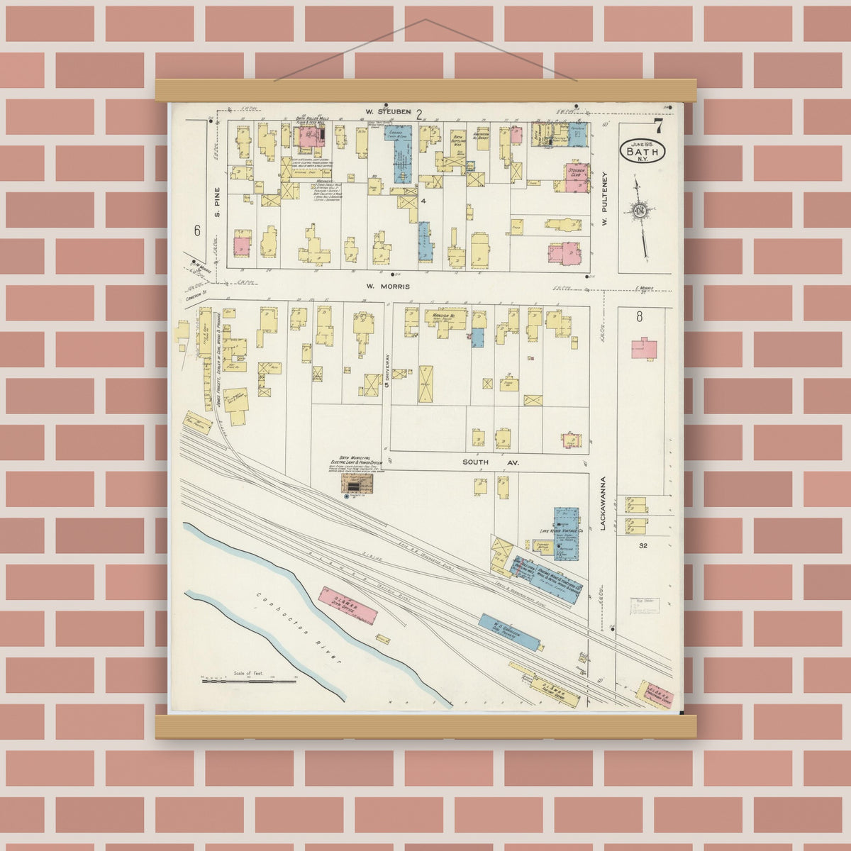 Old map wall art mockup — magnetic wood frame on brick wall — Sanborn Fire Insurance Map from Bath, Steuben County, New York (1915), Sheet #0007