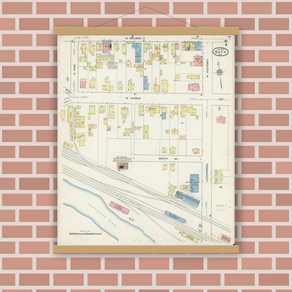 Old map wall art mockup — magnetic wood frame on brick wall — Sanborn Fire Insurance Map from Bath, Steuben County, New York (1915), Sheet #0007
