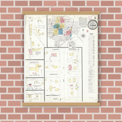 Old map wall art mockup — magnetic wood frame on brick wall — Sanborn Fire Insurance Map from Clarinda, Page County, Iowa (1906), Sheet #0001