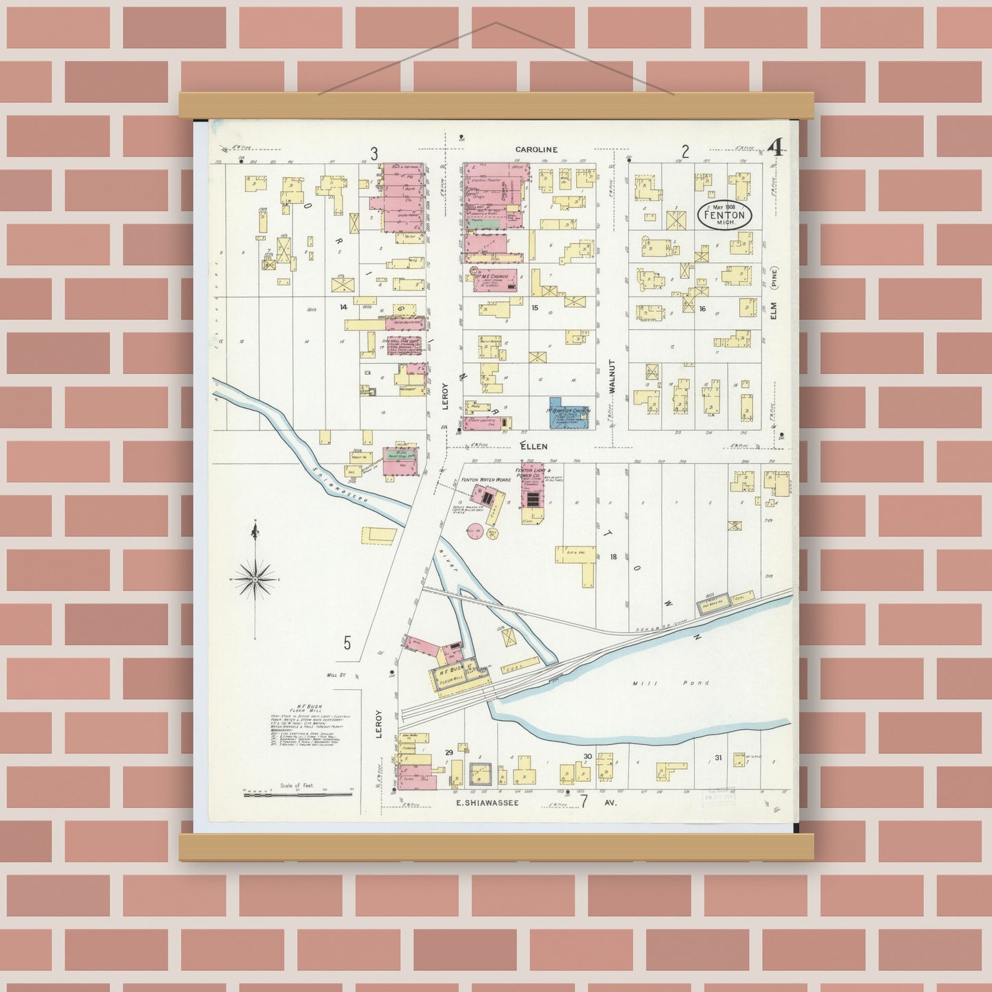 Old map wall art mockup — magnetic wood frame on brick wall — Sanborn Fire Insurance Map from Fenton, Genesee County, Michigan (1908), Sheet #0004