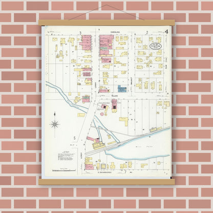 Old map wall art mockup — magnetic wood frame on brick wall — Sanborn Fire Insurance Map from Fenton, Genesee County, Michigan (1908), Sheet #0004