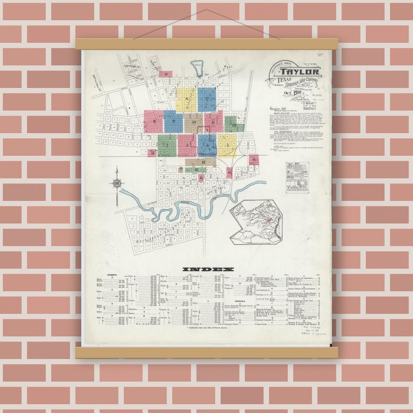 Old map wall art mockup — magnetic wood frame on brick wall — Sanborn Fire Insurance Map from Taylor, Williamson County, Texas (1916) - Complete Map Set