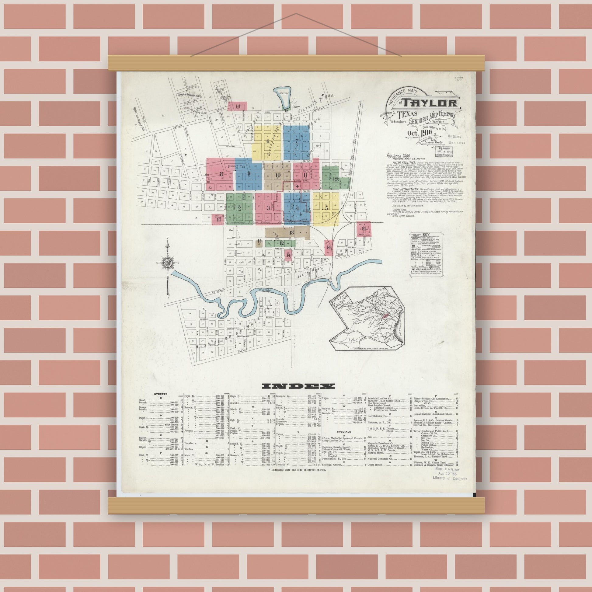 Old map wall art mockup — magnetic wood frame on brick wall — Sanborn Fire Insurance Map from Taylor, Williamson County, Texas (1916) - Complete Map Set