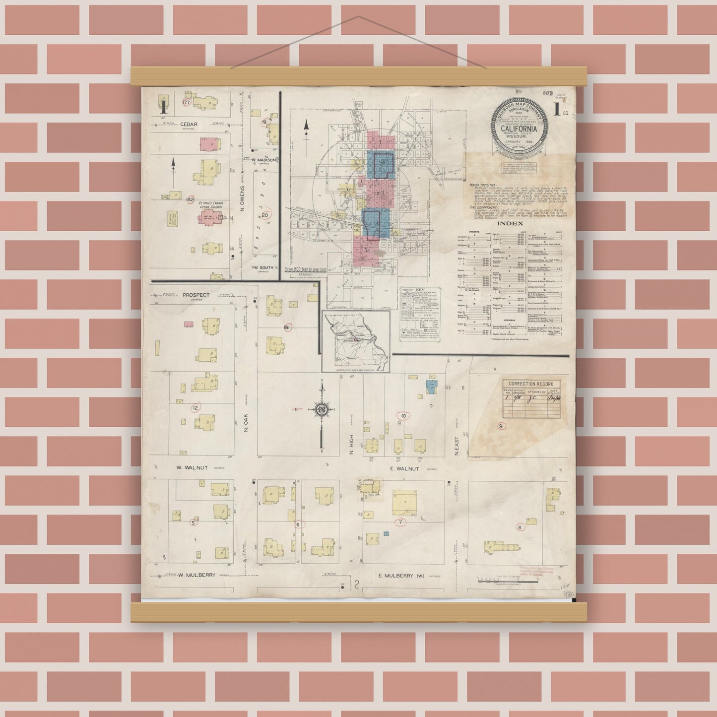 Old map wall art mockup — magnetic wood frame on brick wall — Sanborn Fire Insurance Map from California, Moniteau County, Missouri (1938) - Complete Map Set