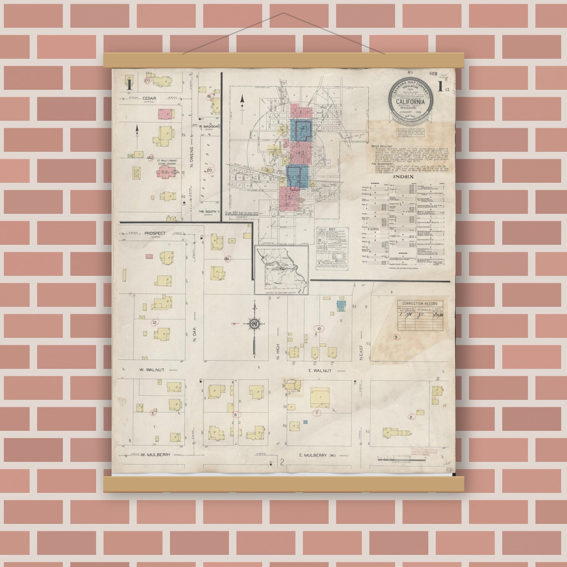 Old map wall art mockup — magnetic wood frame on brick wall — Sanborn Fire Insurance Map from California, Moniteau County, Missouri (1938) - Complete Map Set