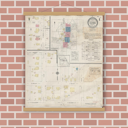 Old map wall art mockup — magnetic wood frame on brick wall — Sanborn Fire Insurance Map from California, Moniteau County, Missouri (1938) - Complete Map Set