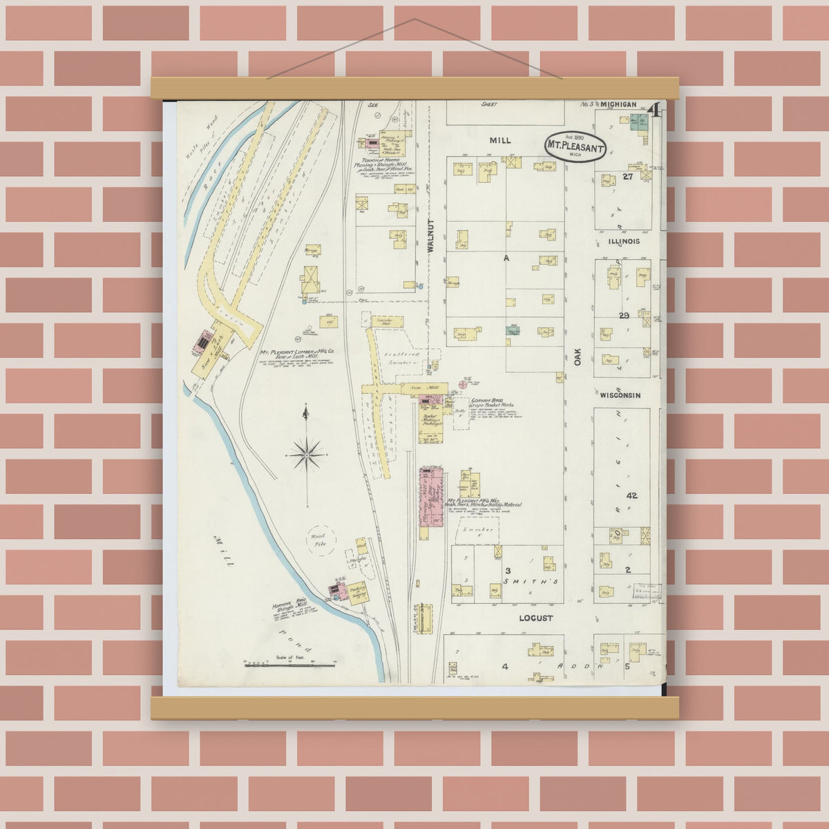 Old map wall art mockup — magnetic wood frame on brick wall — Sanborn Fire Insurance Map from Mount Pleasant, Isabella County, Michigan (1890), Sheet #0004