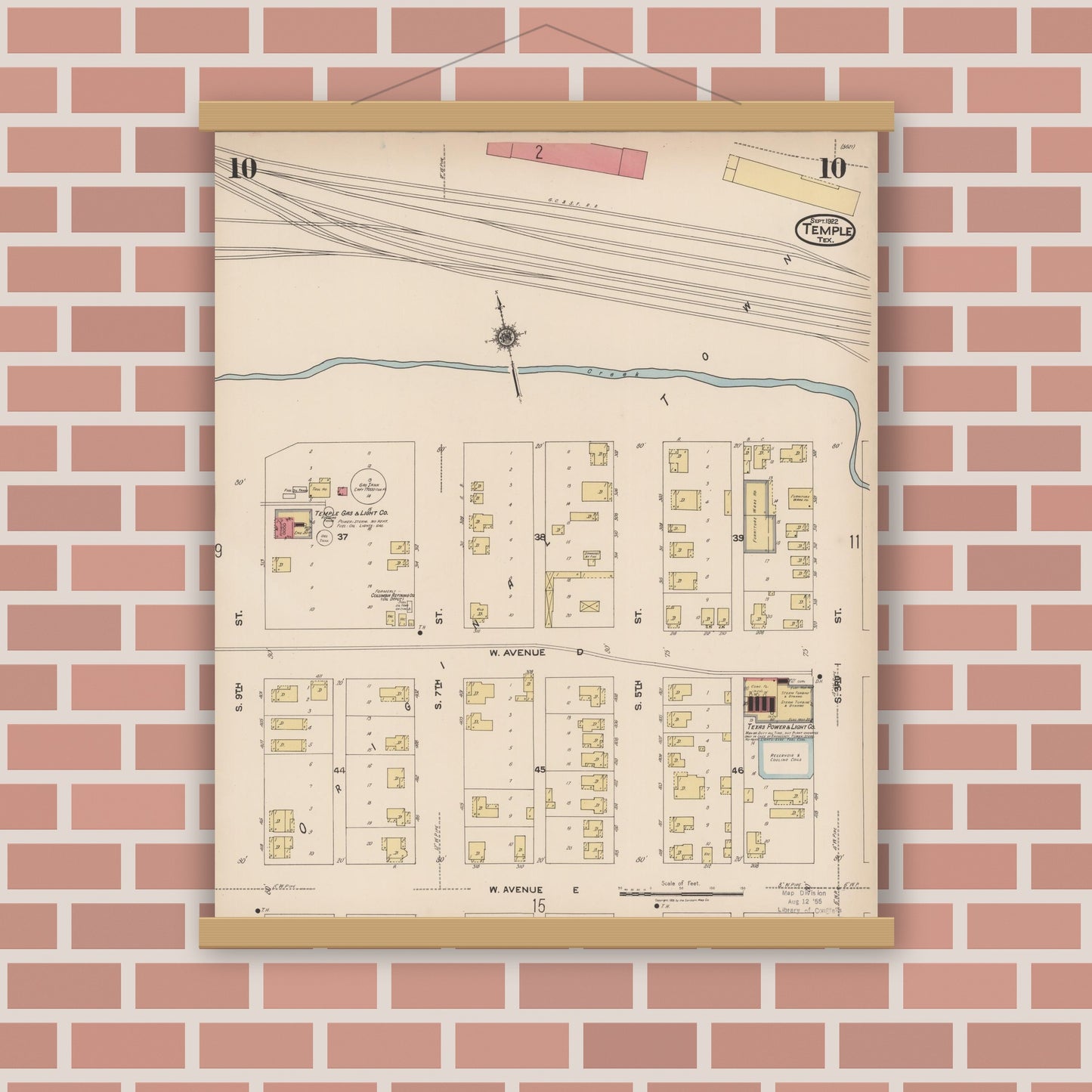 Old map wall art mockup — magnetic wood frame on brick wall — Sanborn Fire Insurance Map from Temple, Bell County, Texas (1922), Sheet #0010
