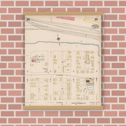 Old map wall art mockup — magnetic wood frame on brick wall — Sanborn Fire Insurance Map from Temple, Bell County, Texas (1922), Sheet #0010