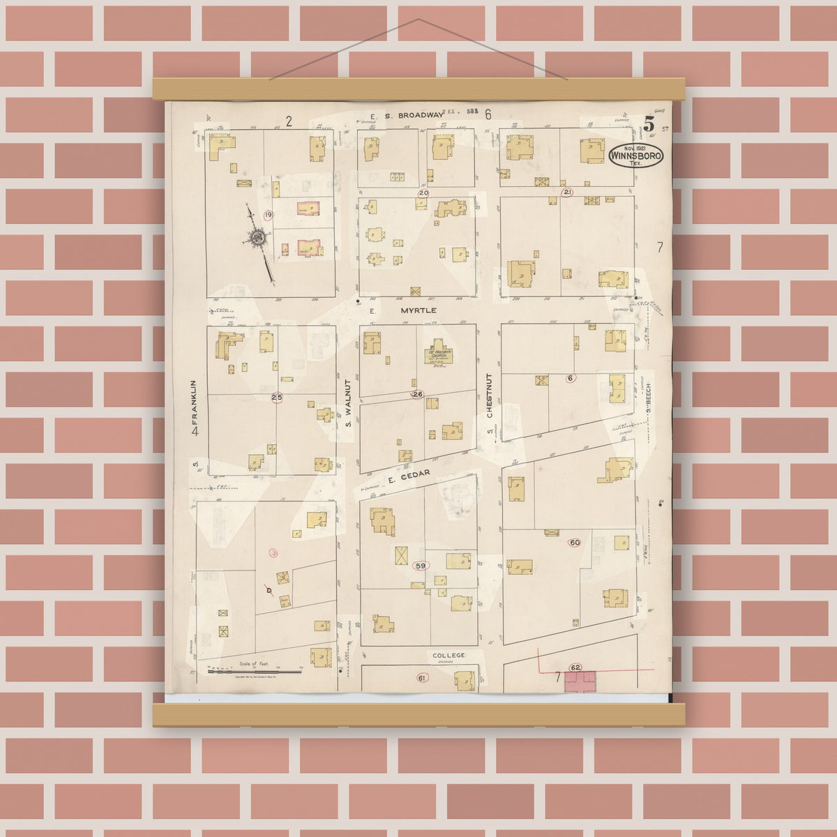 Old map wall art mockup — magnetic wood frame on brick wall — Sanborn Fire Insurance Map from Winnsboro, Wood County, Texas (1943), Sheet #0005