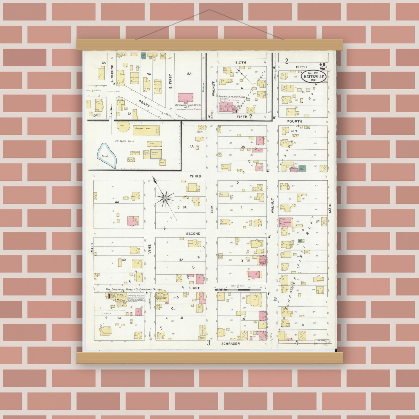 Old map wall art mockup — magnetic wood frame on brick wall — Sanborn Fire Insurance Map from Batesville, Ripley County, Indiana (1909), Sheet #0002
