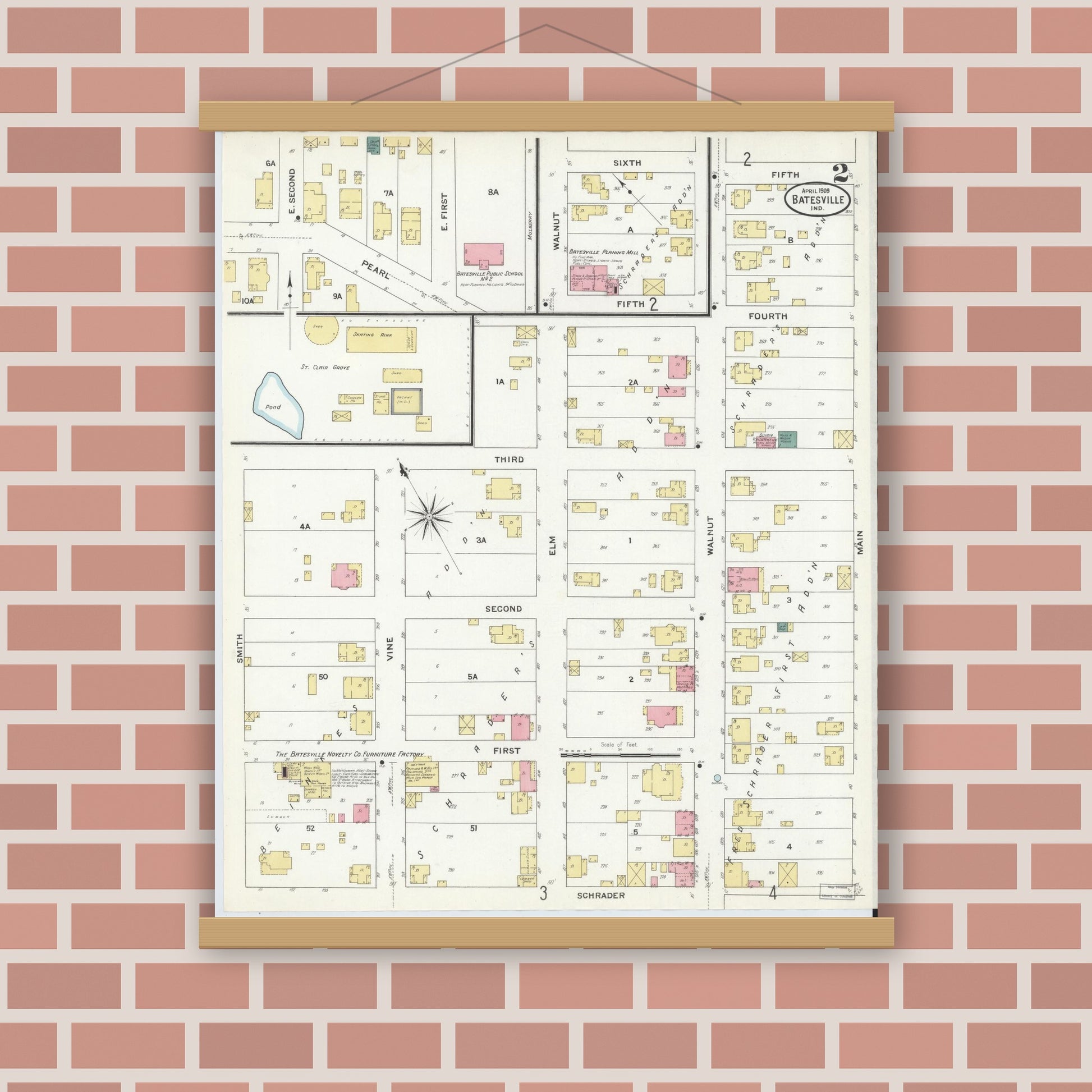 Old map wall art mockup — magnetic wood frame on brick wall — Sanborn Fire Insurance Map from Batesville, Ripley County, Indiana (1909), Sheet #0002