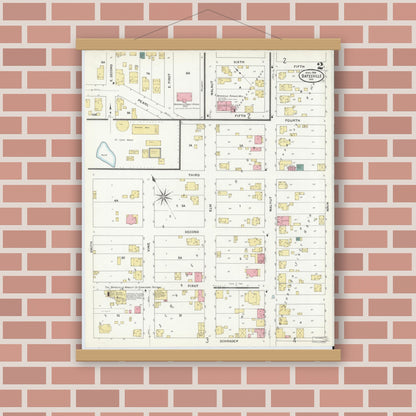 Old map wall art mockup — magnetic wood frame on brick wall — Sanborn Fire Insurance Map from Batesville, Ripley County, Indiana (1909), Sheet #0002