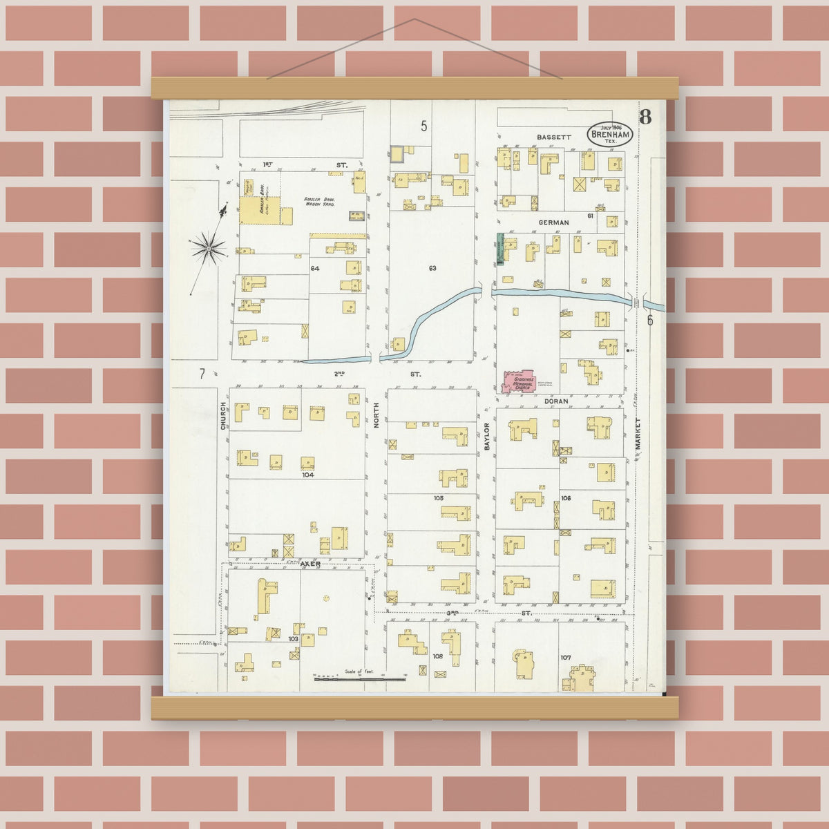 Old map wall art mockup — magnetic wood frame on brick wall — Sanborn Fire Insurance Map from Brenham, Washington County, Texas (1906), Sheet #0008