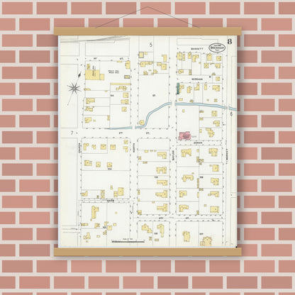 Old map wall art mockup — magnetic wood frame on brick wall — Sanborn Fire Insurance Map from Brenham, Washington County, Texas (1906), Sheet #0008