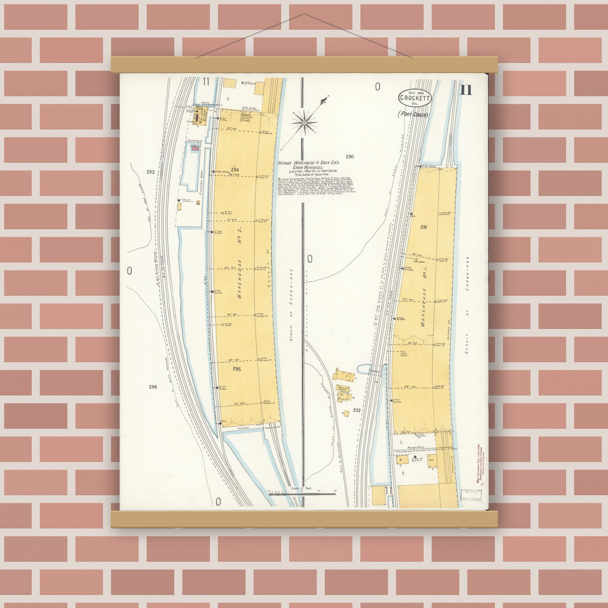 Old map wall art mockup — magnetic wood frame on brick wall — Sanborn Fire Insurance Map from Crockett, Contra Costa County, California (1906), Sheet #0011