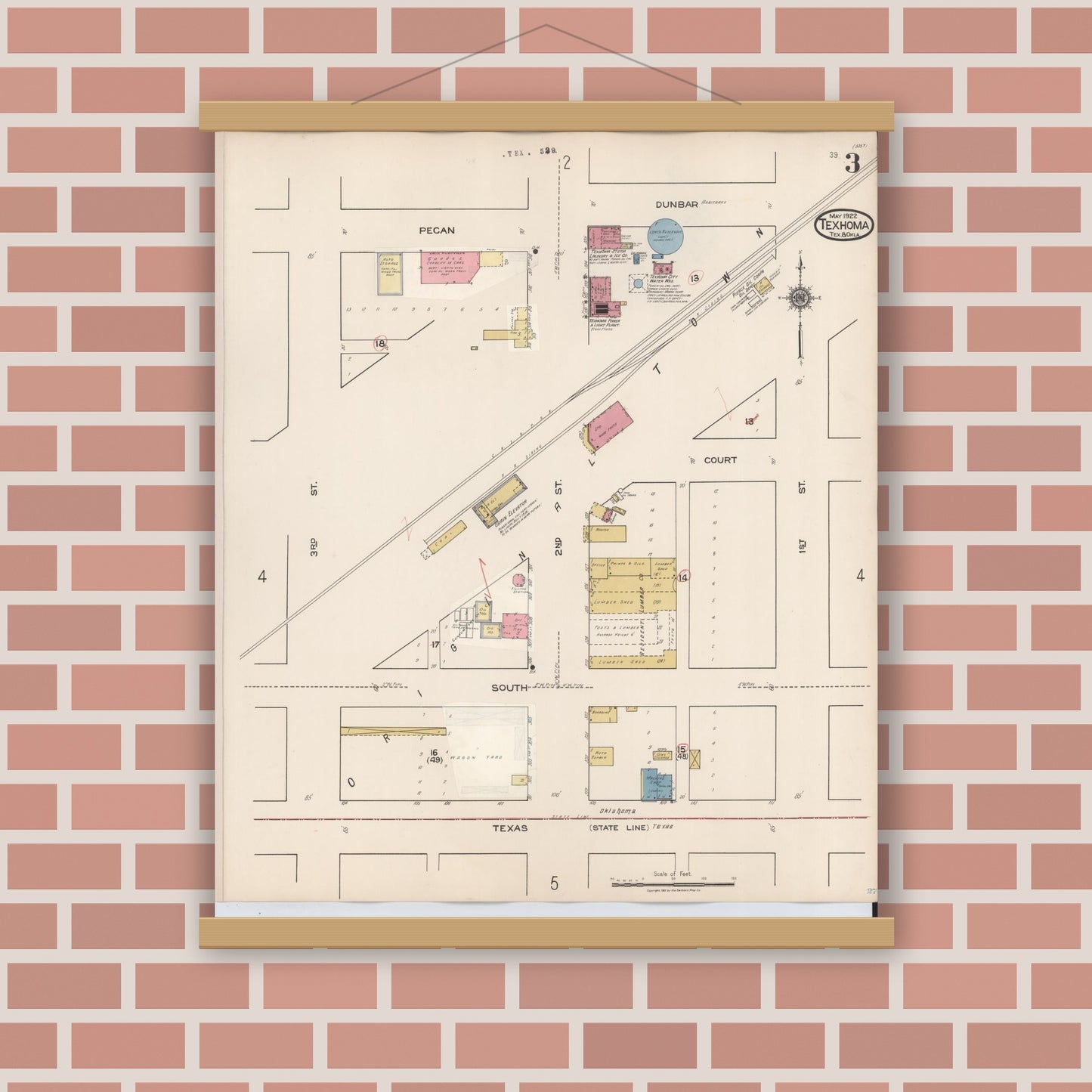 Old map wall art mockup — magnetic wood frame on brick wall — Sanborn Fire Insurance Map from Texhoma, Texas County, Oklahoma and Sherman County, Texas, Texas (1930), Sheet #0003