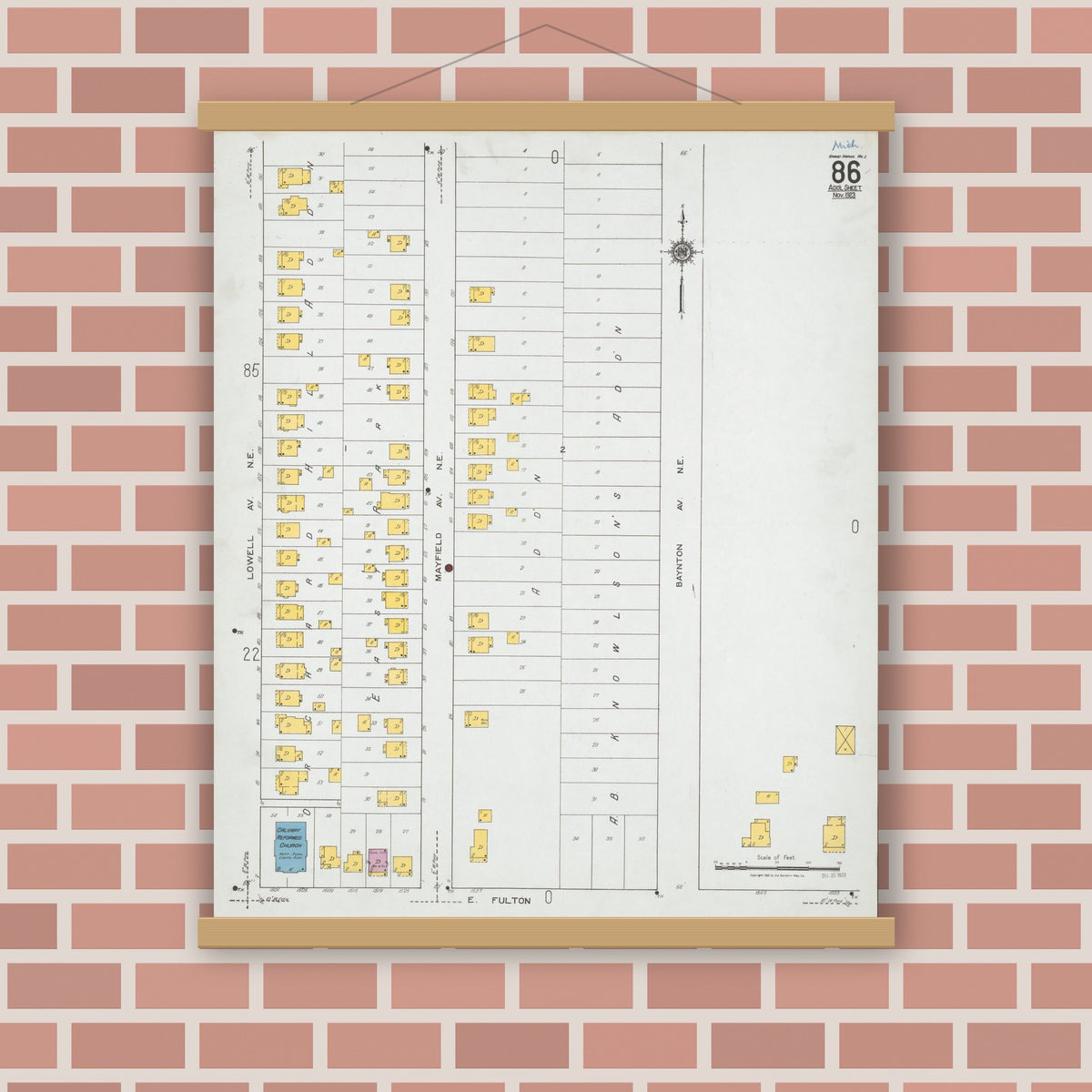 Old map wall art mockup — magnetic wood frame on brick wall — Sanborn Fire Insurance Map from Grand Rapids, Kent County, Michigan (1923), Sheet #0086