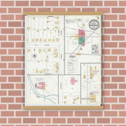 Old map wall art mockup — magnetic wood frame on brick wall — Sanborn Fire Insurance Map from Green Springs, Sandusky And Seneca Counties, Ohio (1906) - Complete Map Set