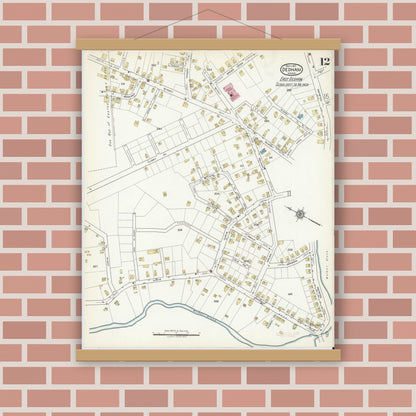 Old map wall art mockup — magnetic wood frame on brick wall — Sanborn Fire Insurance Map from Dedham, Norfolk County, Massachusetts (1917), Sheet #0012