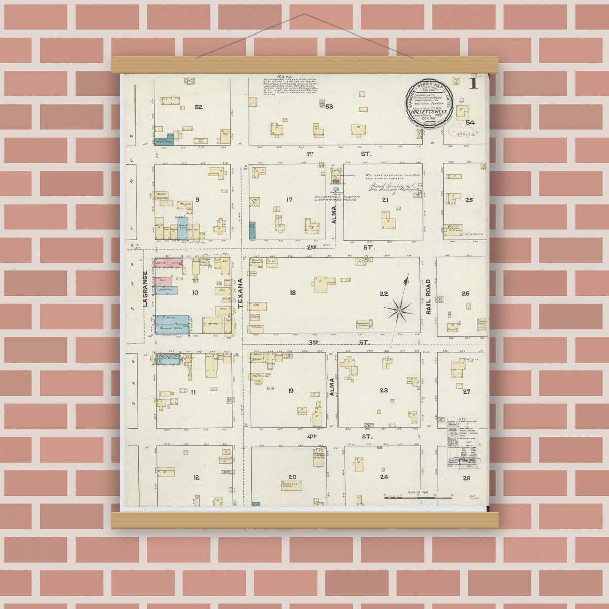 Old map wall art mockup — magnetic wood frame on brick wall — Sanborn Fire Insurance Map from Hallettsville, Lavaca County, Texas (1891) - Complete Map Set