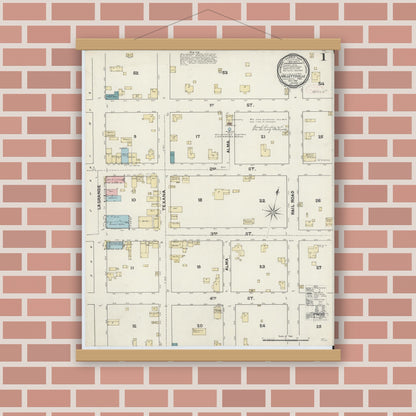 Old map wall art mockup — magnetic wood frame on brick wall — Sanborn Fire Insurance Map from Hallettsville, Lavaca County, Texas (1891) - Complete Map Set