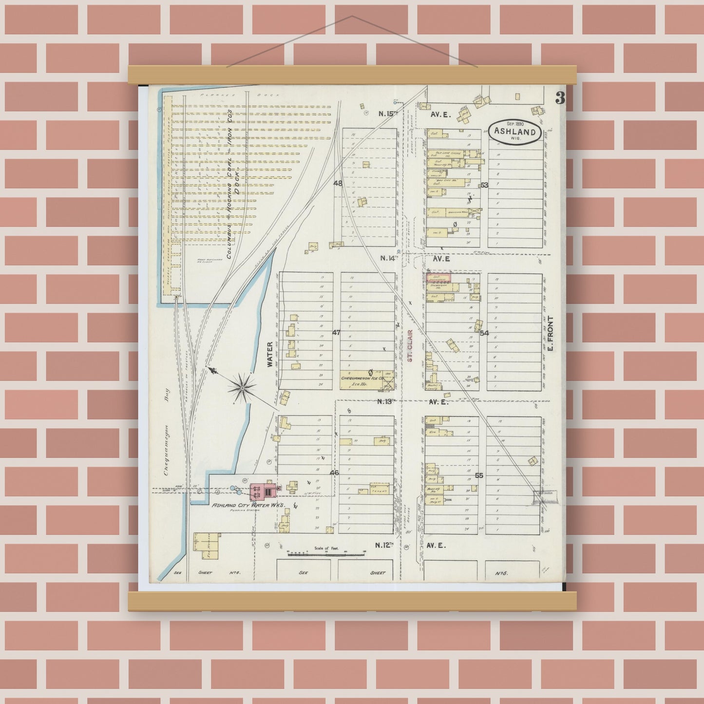 Old map wall art mockup — magnetic wood frame on brick wall — Sanborn Fire Insurance Map from Ashland, Ashland County, Wisconsin (1890), Sheet #0003