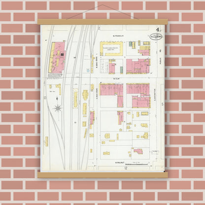Old map wall art mockup — magnetic wood frame on brick wall — Sanborn Fire Insurance Map from Hillsboro, Hill County, Texas (1900), Sheet #0004