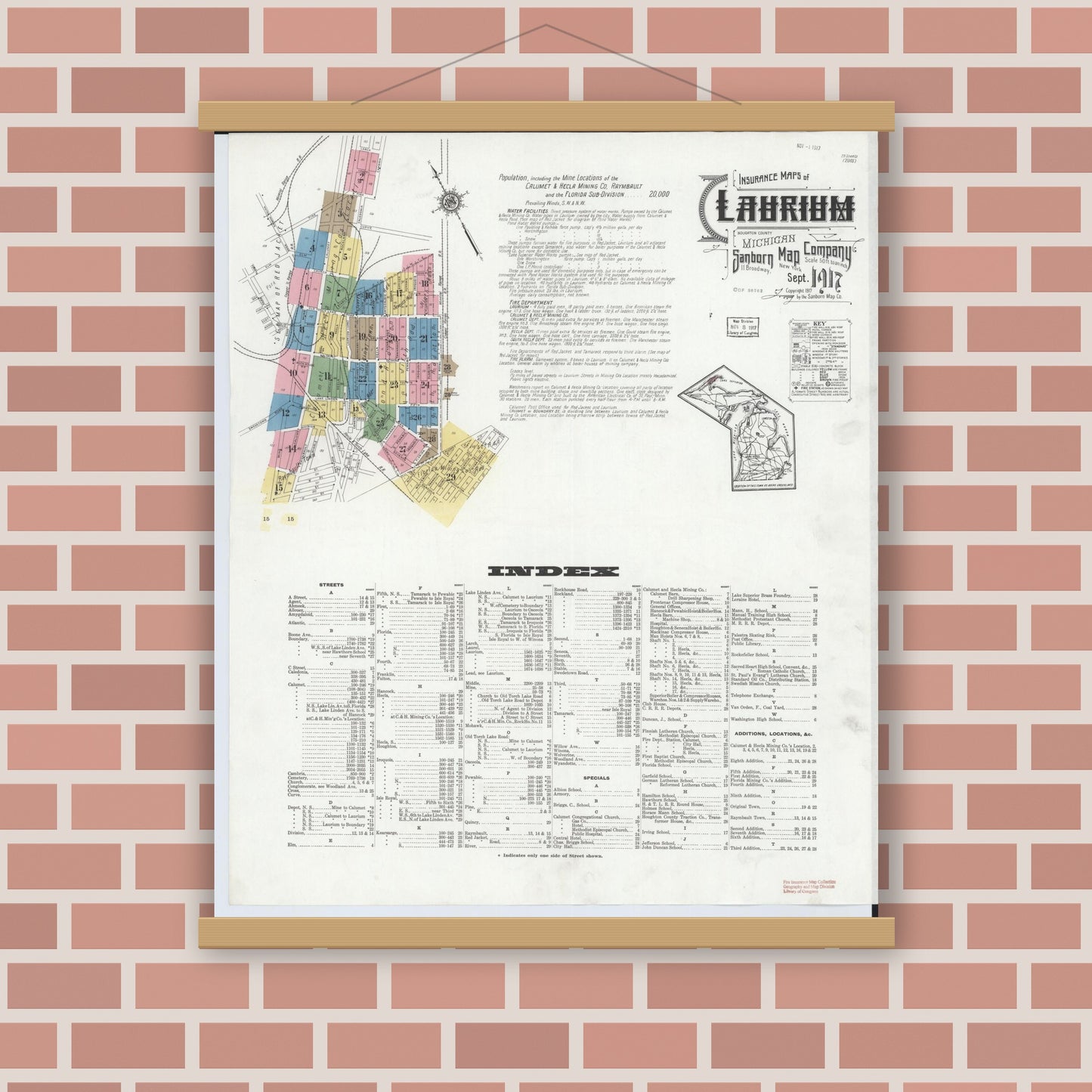 Old map wall art mockup — magnetic wood frame on brick wall — Sanborn Fire Insurance Map from Laurium, Houghton County, Michigan (1917) - Complete Map Set