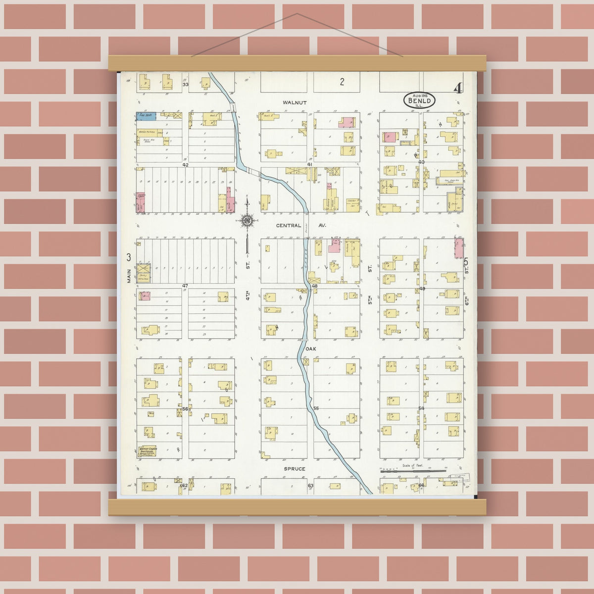 Old map wall art mockup — magnetic wood frame on brick wall — Sanborn Fire Insurance Map from Benld, Macoupin County, Illinois (1915), Sheet #0004