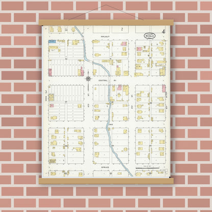 Old map wall art mockup — magnetic wood frame on brick wall — Sanborn Fire Insurance Map from Benld, Macoupin County, Illinois (1915), Sheet #0004