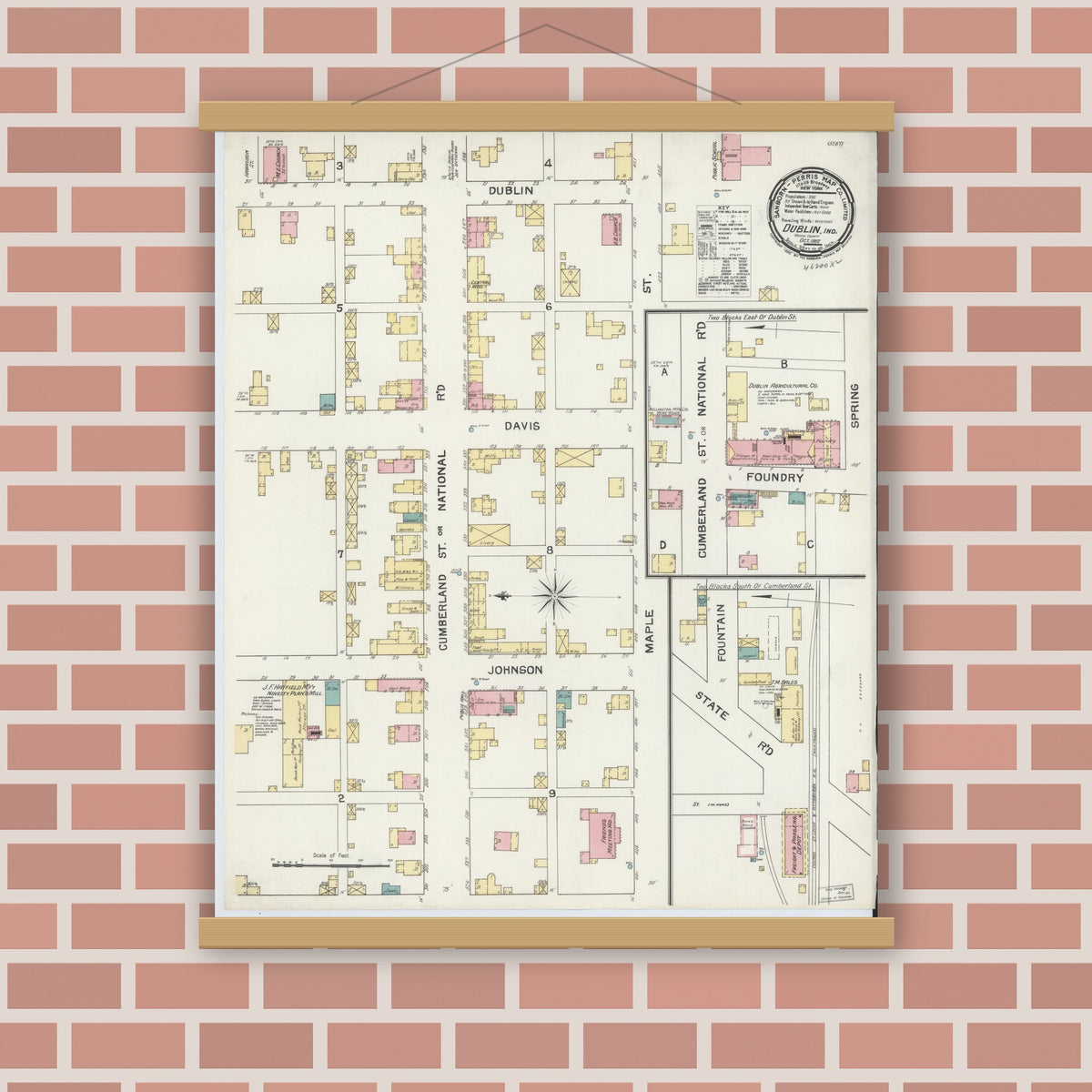 Old map wall art mockup — magnetic wood frame on brick wall — Sanborn Fire Insurance Map from Dublin, Wayne County, Indiana (1892), Sheet #0001