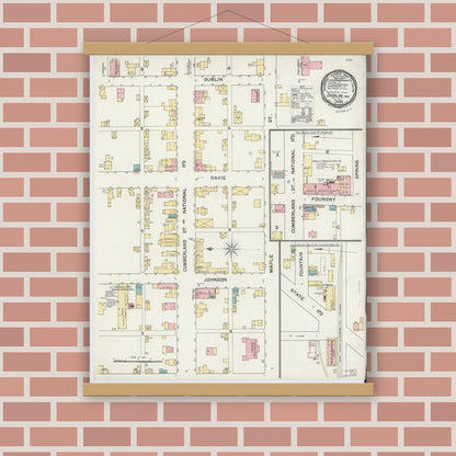 Old map wall art mockup — magnetic wood frame on brick wall — Sanborn Fire Insurance Map from Dublin, Wayne County, Indiana (1892), Sheet #0001