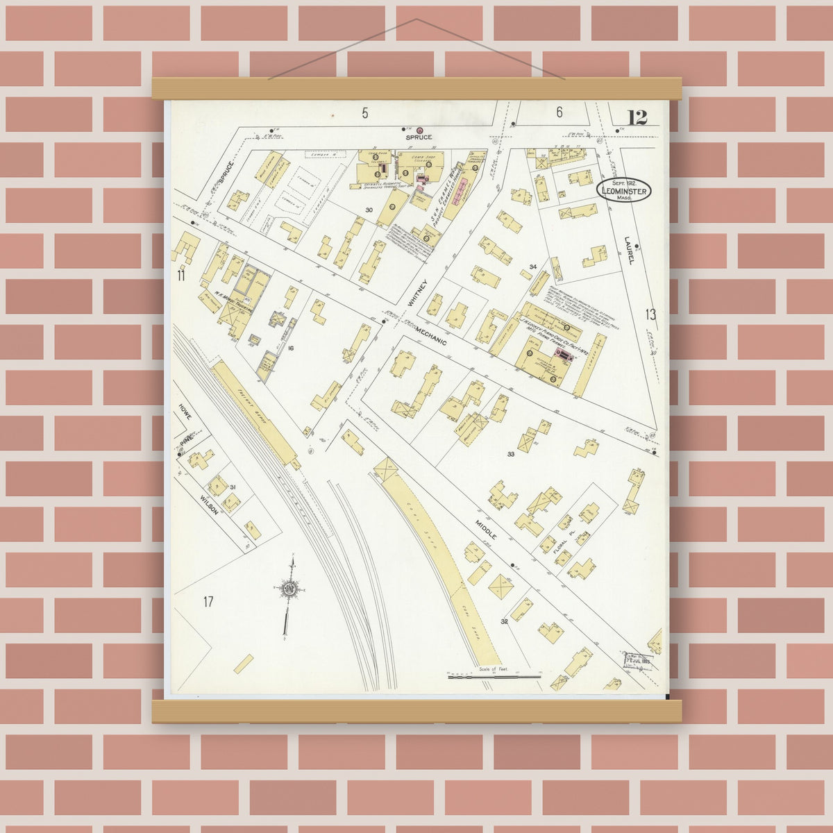 Old map wall art mockup — magnetic wood frame on brick wall — Sanborn Fire Insurance Map from Leominster, Worcester County, Massachusetts (1912), Sheet #0012